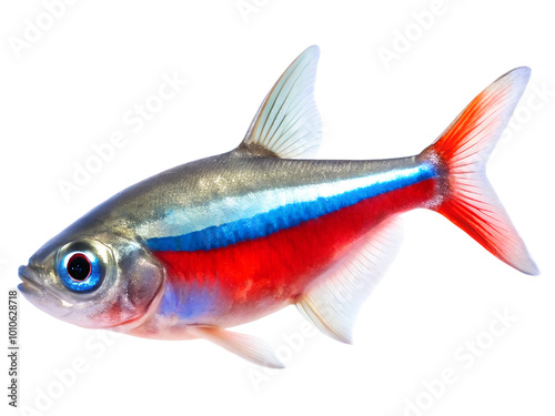 Neon Tetra Idol fish swiming isolated on a transparent background