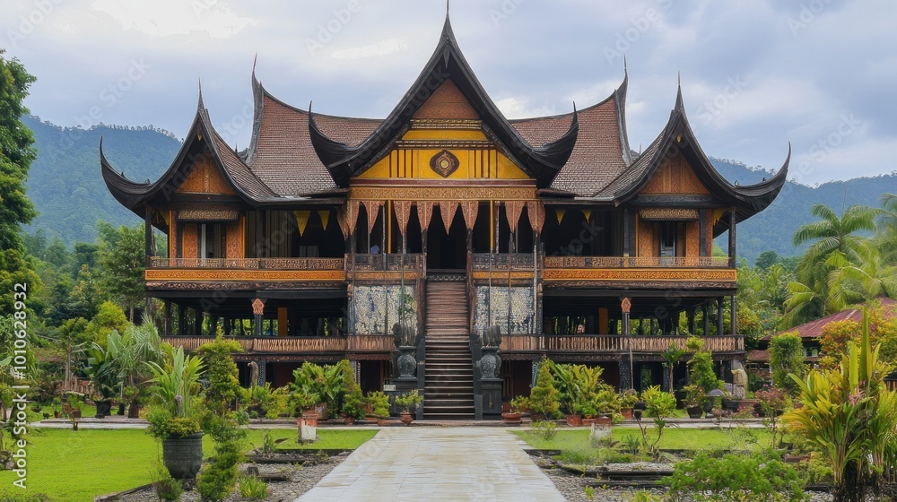 Traditional Indonesian house with ornate carvings and a lush garden. Traditional Indonesian house with ornate carvings and a lush garden.