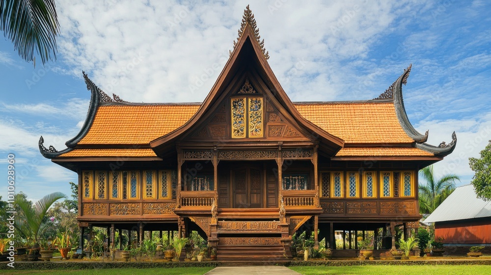 Obraz premium Traditional wooden house with intricate carvings and a tiled roof.
