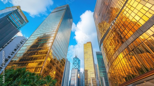 A low angle view of a tall building with a reflective golden glass facade. The building is located in a city with other skyscrapers in the background. The sky is blue and there are clouds.