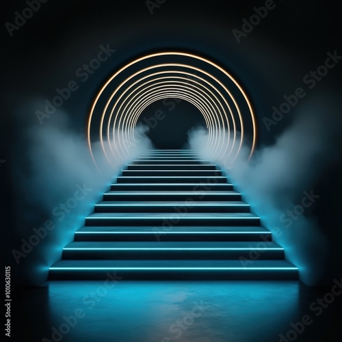 Futuristic Neon Stairway Leading to a Glowing Portal.