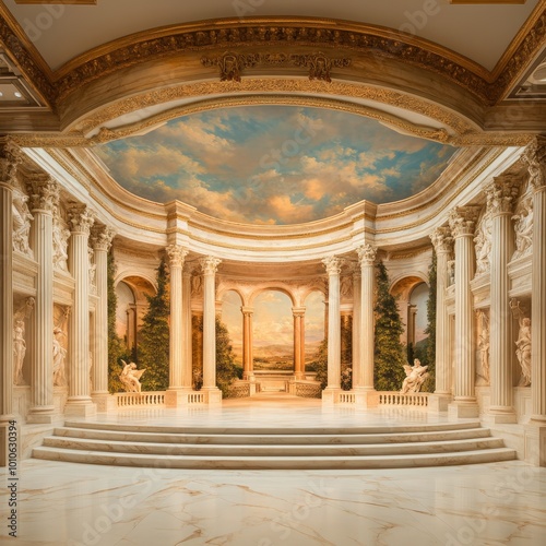 Ancient Roman Temple with Fresco Ceiling and Marble Floor.