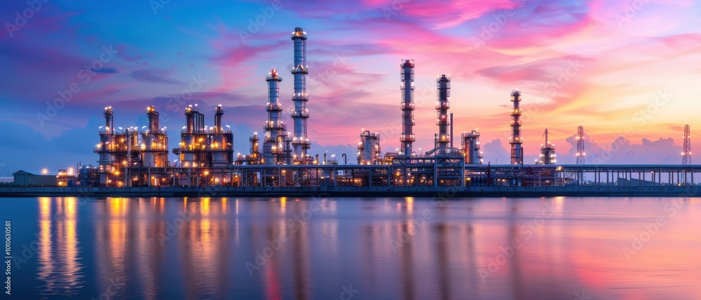 Sunset Over Oil Refinery with Illuminated Structures Sunset Over Oil Refinery with Illuminated Structures