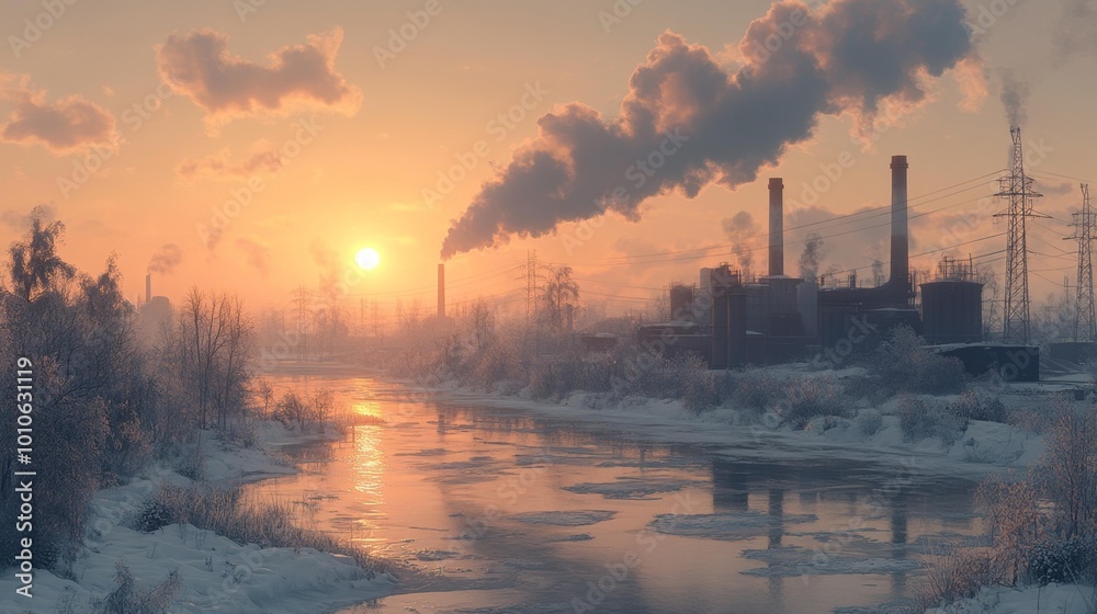 Fototapeta premium Industrial Landscape at Sunrise with Smoke Generative AI
