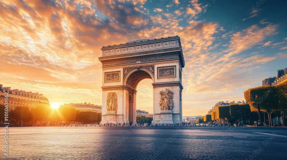 The Arc de Triomphe in Paris at sunrise with a bright orange sky. The Arc de Triomphe in Paris at sunrise with a bright orange sky.