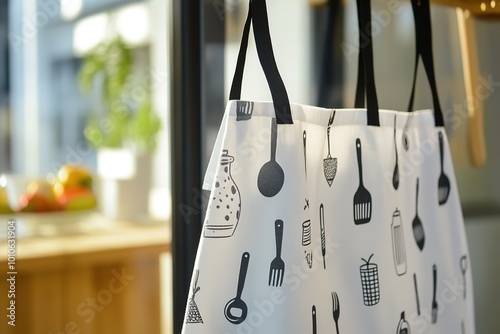 Kitchen utensils patterned apron hanging in modern home photo