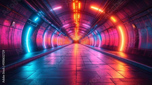 Neon-lit futuristic tunnel with glowing lights Generative AI