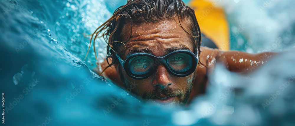Naklejka premium A man swimming underwater with goggles near a vibrant ocean surface in bright sunlight on a clear day