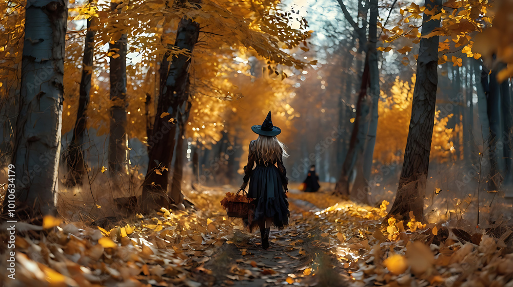 a witch walking through an autumn forest path covered in golden leaves, Halloween lady in witch costume in a forest. a witch walking through an autumn forest path covered in golden leaves, Halloween lady in witch costume in a forest.