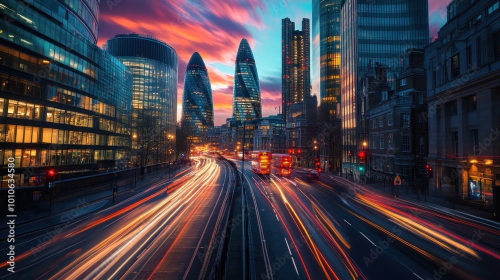Cityscape with skyscrapers, light trails from traffic, and colorful sunset. Cityscape with skyscrapers, light trails from traffic, and colorful sunset.