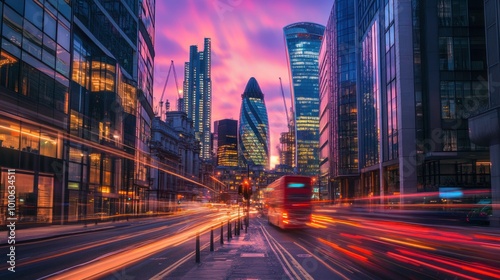 A long exposure shot of a street in London, UK. The city is full of skyscrapers and a red bus drives through the traffic. The sky is pink and purple with clouds.