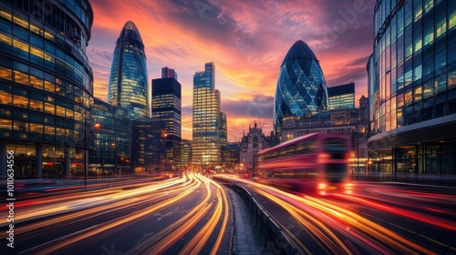 A vibrant city skyline during the sunset with streaking car lights and a passing red bus.