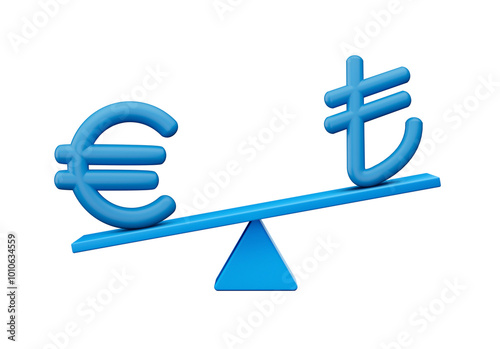 3d Blue Euro And Lira Symbol Icons With 3d Blue Balance Weight Seesaw, 3d illustration
 photo