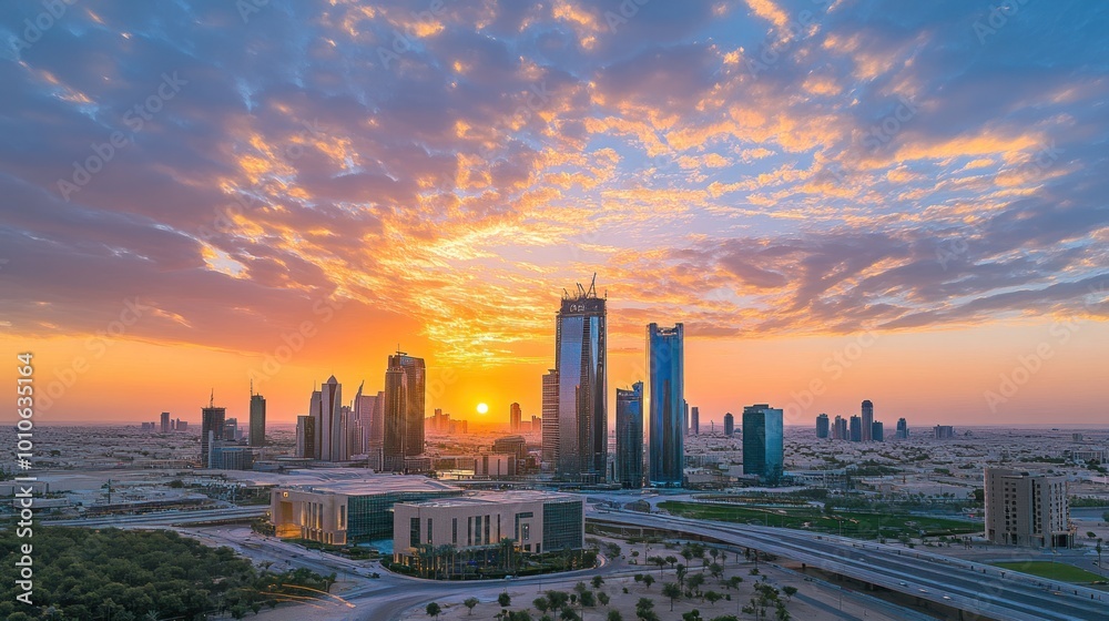 Fototapeta premium Sunset over a city skyline with skyscrapers and a highway.
