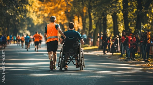 Wallpaper Mural A man pushing a wheelchair on a street with people in the background Torontodigital.ca