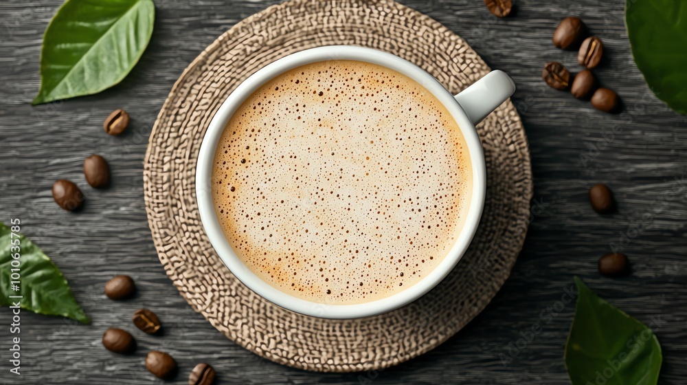 Coffee cup with vegan foam art surrounded by coffee beans, green leaves nearby, Vegan Coffee, natural and simple Coffee cup with vegan foam art surrounded by coffee beans, green leaves nearby, Vegan Coffee, natural and simple