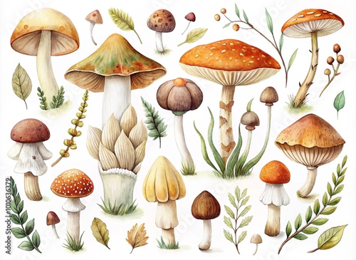 Watercolor illustration of various mushrooms and leaves featuring vibrant and diverse collection of fungi and foliage. Perfect for nature enthusiasts, botanical art lovers in earthy and organic themes