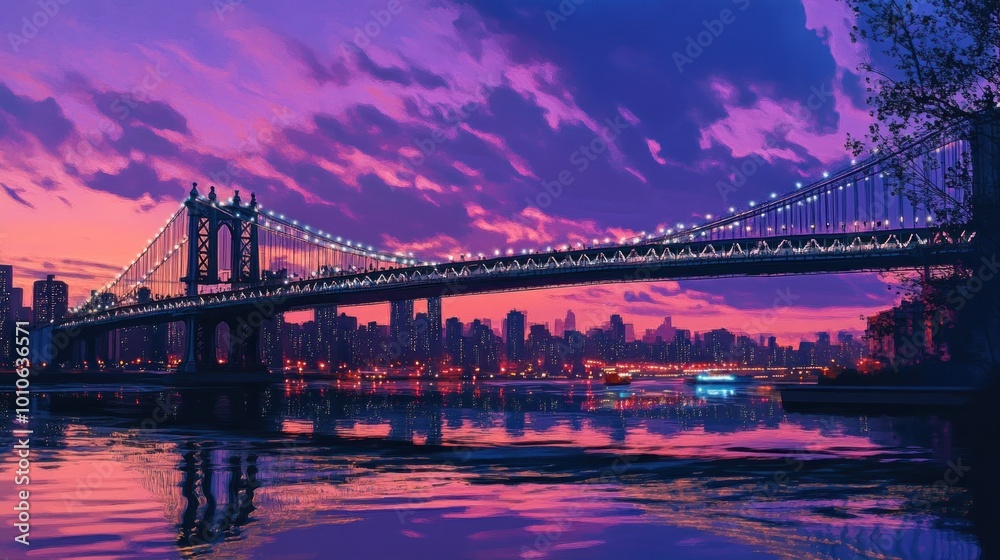 Fototapeta premium A suspension bridge with lights crossing a river reflecting a colorful city skyline at sunset.