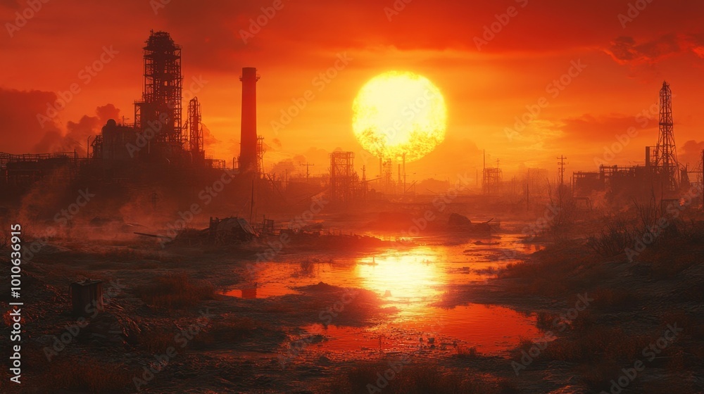 Industrial Landscape at Sunset with a Fiery Sky Generative AI Industrial Landscape at Sunset with a Fiery Sky Generative AI