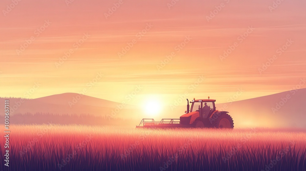Naklejka premium A red tractor is driving through a field of tall grass