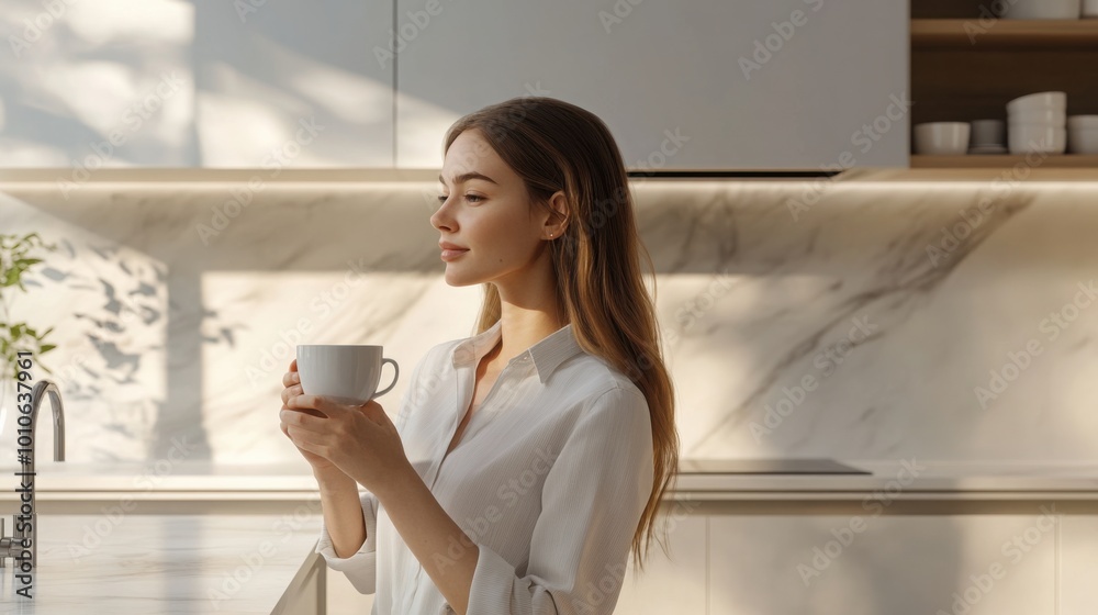young woman holding a cup of coffee in a bright, modern kitchen young woman holding a cup of coffee in a bright, modern kitchen