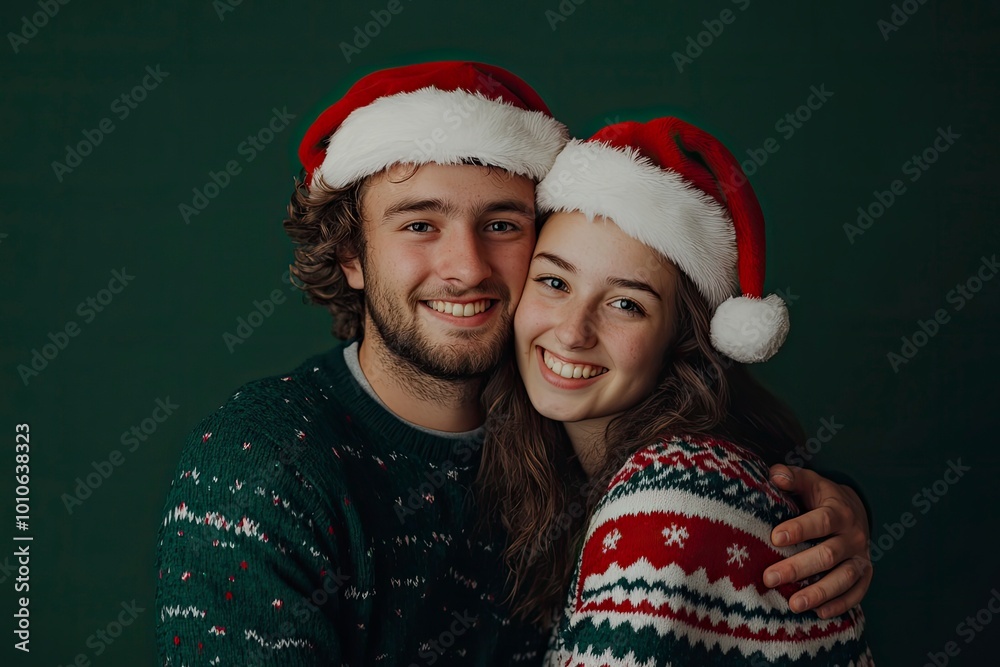 Merry young smiling couple two friend man woman wear sweater Santa hat posing hug cuddle put head on shoulder isolated on plain green background. Happy New Year celebration with generative ai Merry young smiling couple two friend man woman wear sweater Santa hat posing hug cuddle put head on shoulder isolated on plain green background. Happy New Year celebration with generative ai