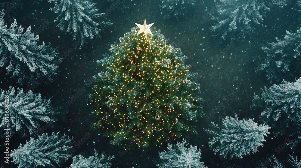 Beautiful aerial view of decorated and illuminated Christmas tree at night . Celebrating Christmas and New Year
