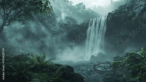 A serene waterfall in a misty forest, surrounded by lush greenery and rocks.