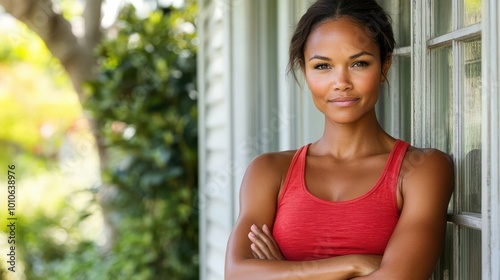 A woman in a red tank top stands in front of a window. She has her arms crossed and is smiling Free Download A woman in a red tank top stands in front of a window. She has her arms crossed and is smiling - GFXLoad