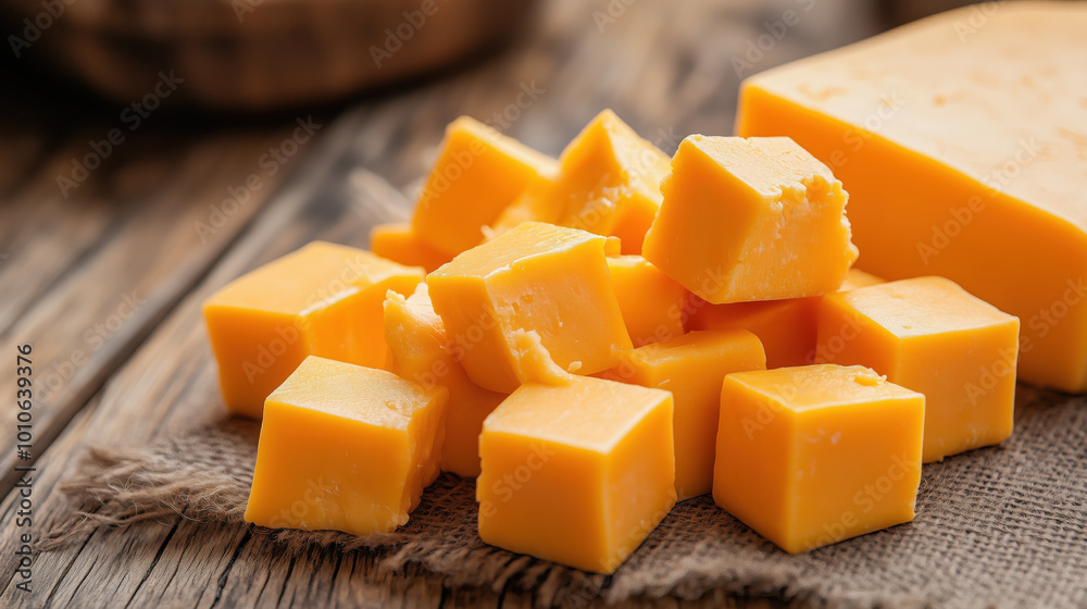 Diced cheddar cheese cubes arranged on rustic wooden surface