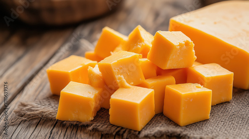 Diced cheddar cheese cubes arranged on rustic wooden surface photo