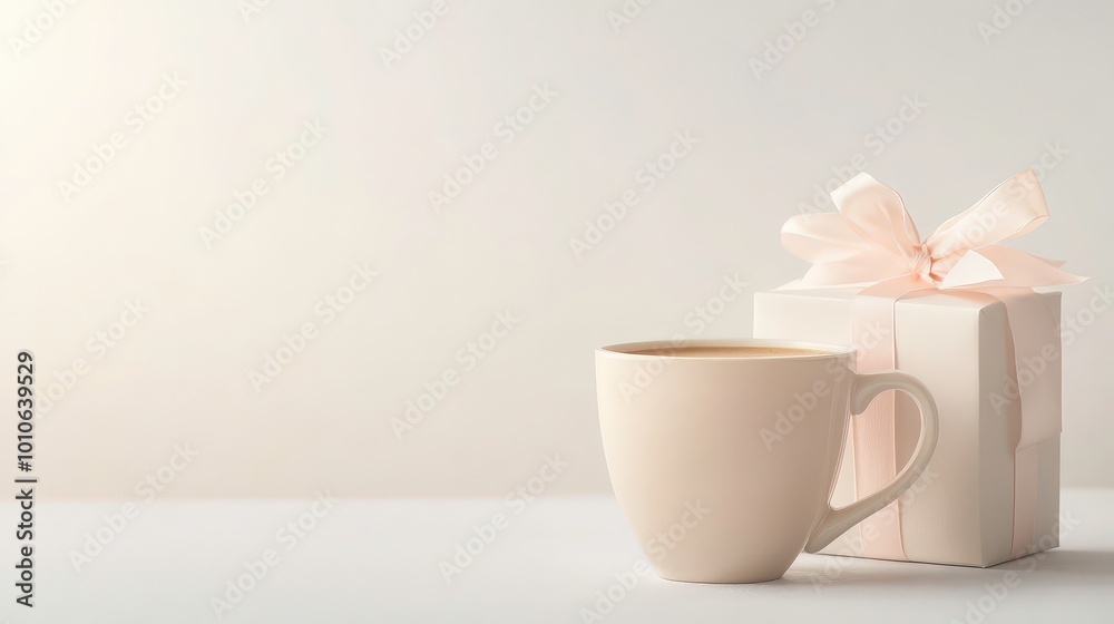 A white coffee cup sits on a table next to a white box A white coffee cup sits on a table next to a white box