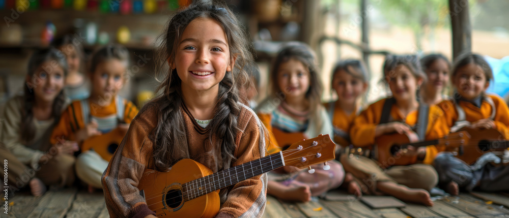 A group of joyful children playing ukuleles together in a cozy wooden cabin during a sunny afternoon