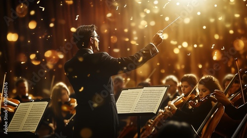 A conductor in a tux leads a symphony, creating an intense atmosphere for a captivated audience. photo