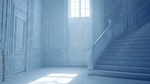Elegant white staircase with light oak railings and pale blue walls. The perfect Scandinavian touch for a modern and sophisticated interior.