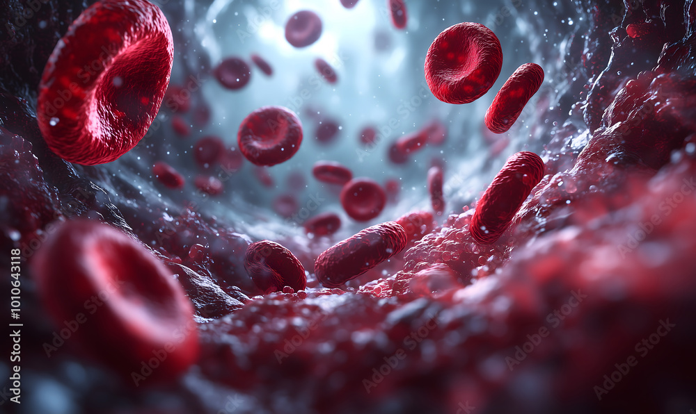 A simulation of red and white blood cells circulating in the bloodstream. This dynamic image captures key elements of blood circulation, making it ideal for use in medical, science, and health media.