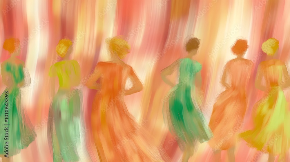 Obraz premium Abstract Silhouettes of Women in Dresses Blurred Brushstroke Style Soft Colors Pastel Tones Feminine Art
