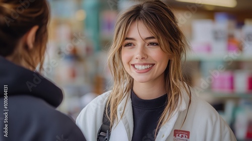 A woman with long brown hair is smiling at the camera. She is wearing a white jacket with a red and white logo on it