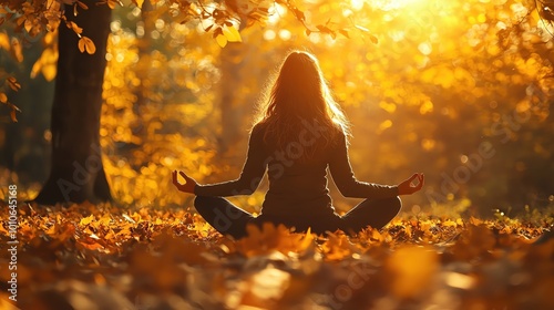 A woman meditating in a forest during the fall equinox, surrounded by fallen leaves, as golden sunlight filters through the trees, creating a serene and spiritual scene