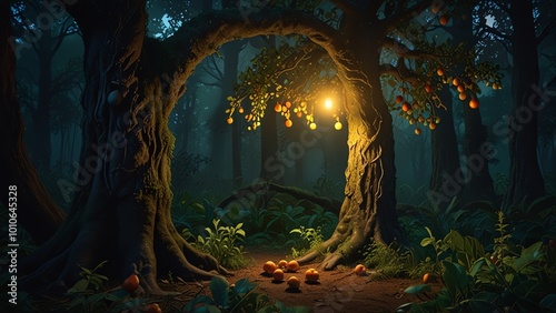 the forest with pumpkins and the moon