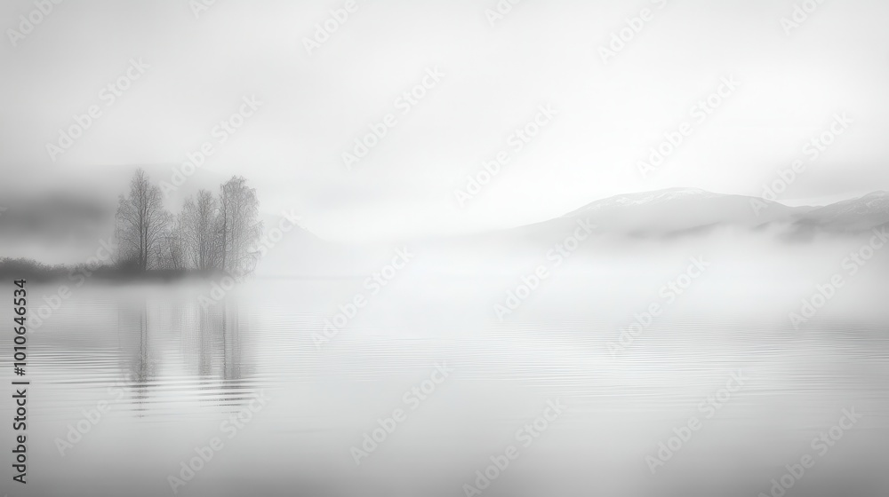 Fototapeta premium A serene, foggy landscape with reflections on calm water and distant mountains.