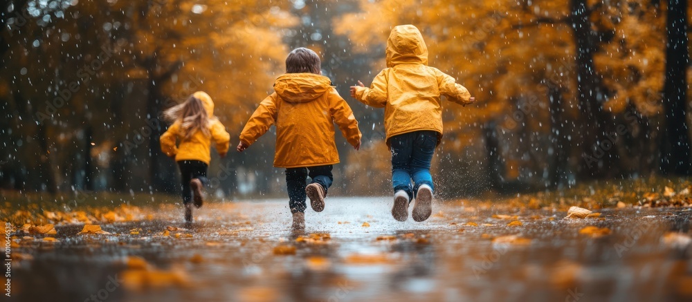 Fototapeta premium Three kids in yellow raincoats run through an autumnal forest path during a light drizzle.