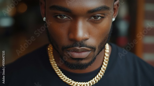 A man with a gold chain around his neck and a beard. He is wearing a black shirt