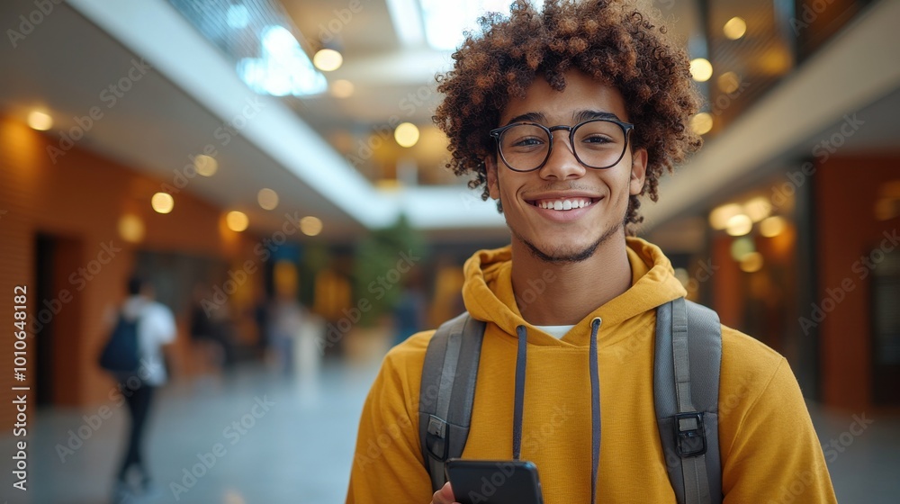 Fototapeta premium A young man with glasses and a yellow hoodie is smiling and holding a cell phone. He is surrounded by other people, some of whom are carrying backpacks. Concept of youthfulness and casualness