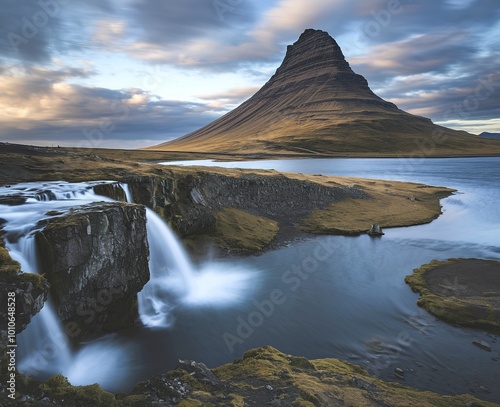 A majestic mountain with a distinctive peak rising above a serene lake