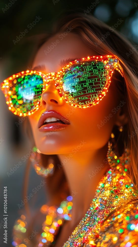 Close-up of a woman wearing futuristic LED sunglasses with digital code reflections and vibrant lighting. Close-up of a woman wearing futuristic LED sunglasses with digital code reflections and vibrant lighting.