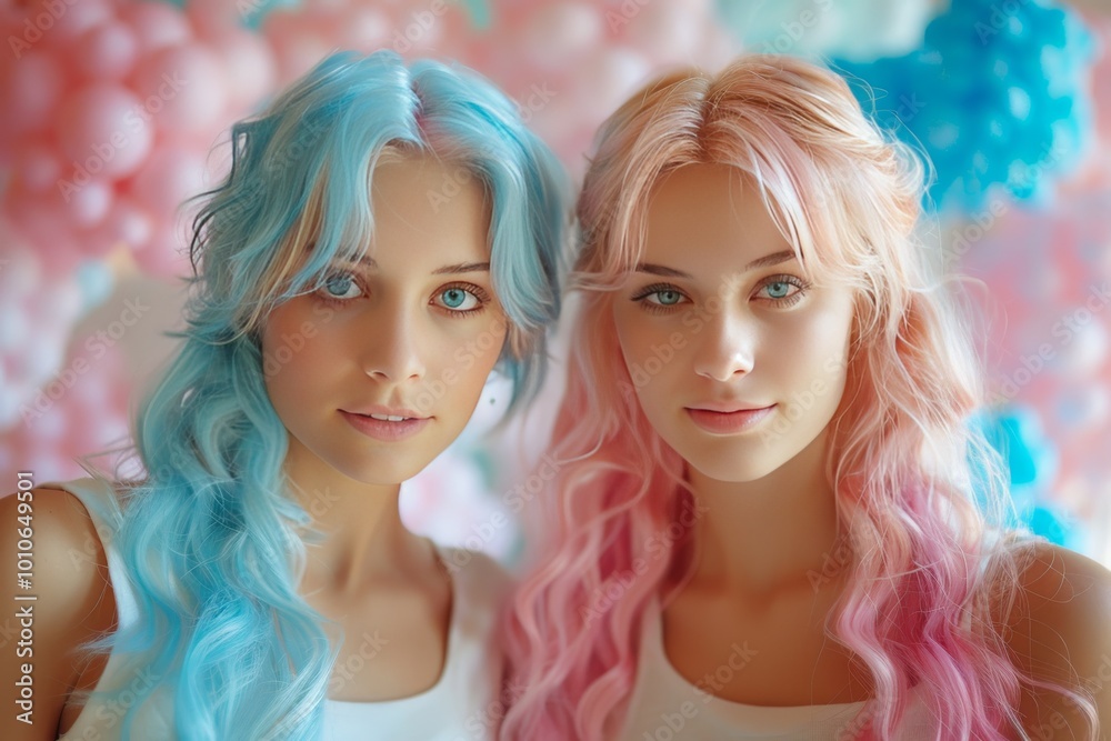 Obraz premium Two young women with pink and blue hair, gender party
