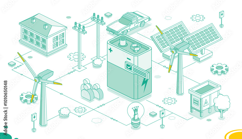 Clean energy concept. Isometric 9V nine volt battery, solar panels and wind turbines isolated on white background. Outline style. Green energy. House with electric car. Clean energy concept. Isometric 9V nine volt battery, solar panels and wind turbines isolated on white background. Outline style. Green energy. House with electric car.