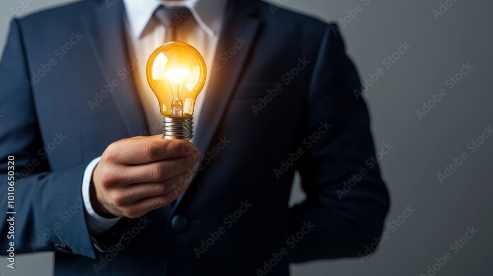Businessman Holding Illuminated Light Bulb Symbolizing Idea,Innovation and Creativity Businessman Holding Illuminated Light Bulb Symbolizing Idea,Innovation and Creativity