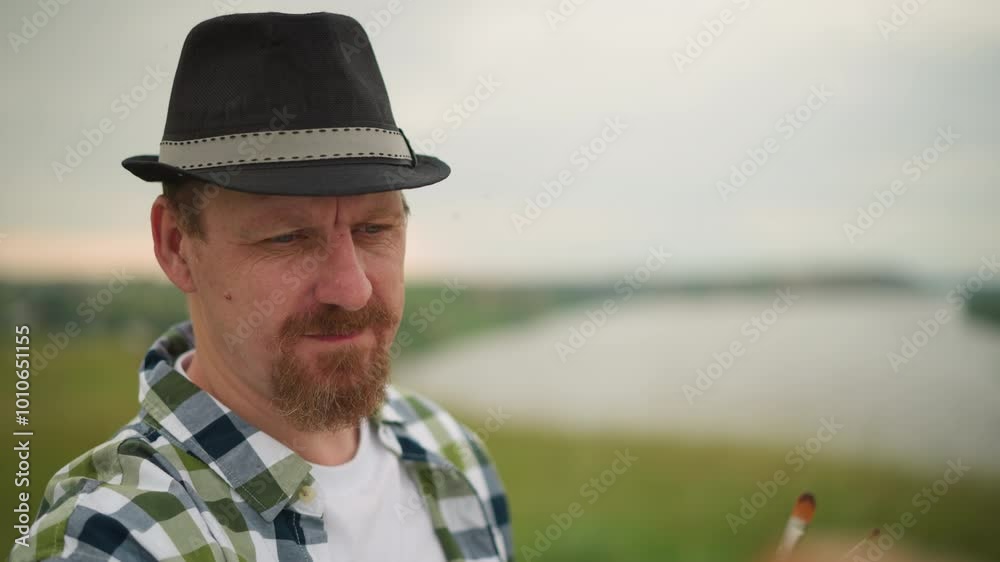 An artist is captured in a moment of deep concentration, his face serious and focused as he works on his painting in a blurry, grassy field. The background fades softly An artist is captured in a moment of deep concentration, his face serious and focused as he works on his painting in a blurry, grassy field. The background fades softly